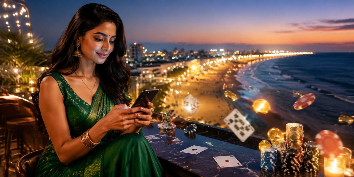 Young woman enjoying Rummy game on mobile near Chennai Marina Beach